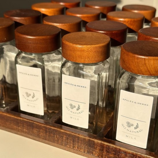 Wooden & Glass Jar Spices Set 16 pieces with Wooden Stand